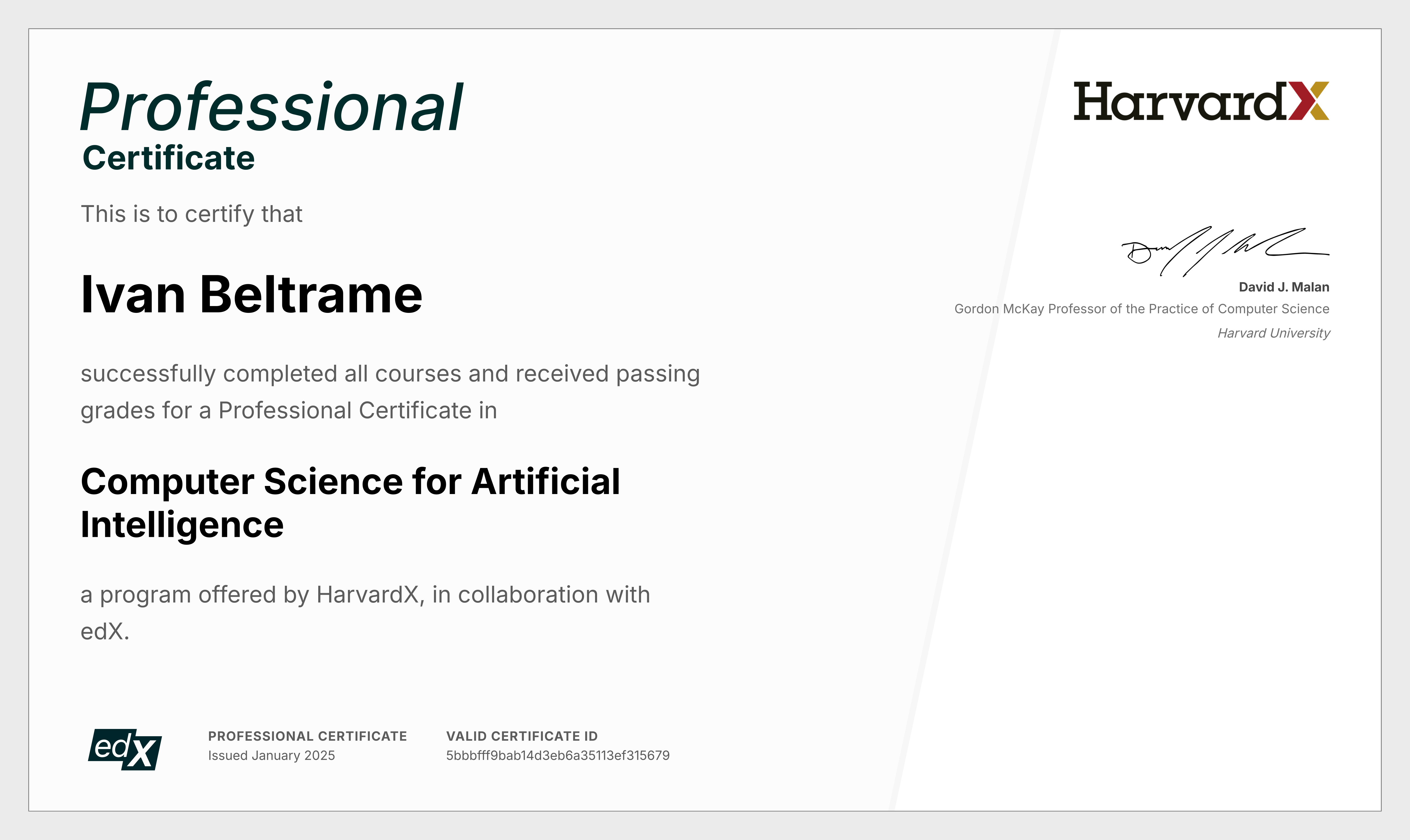 Certificato CS50ai professionale